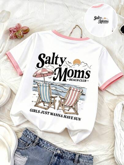 Teenage Girls' Beach & Coast Print Color Block Short Sleeve T-Shirt, Soft & Comfortable Fabric, Spring/Summer