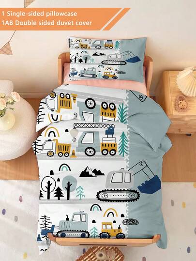 2PCS Cartoon Engineering Vehicle Crib Bedding Set Duvet Set (Spring/Summer Collection) Doublesided Duvet Cover Set For Kids Teens Boys Girls All Seasons With Zipper Closure (1 Single-Sided Printed Pillowcase + 1 Double-Sided Printed Duvet Cover, No Filling Material) The Pillowcase Is Single-Sided Printed And Measures 40x60cm 100% Polyester