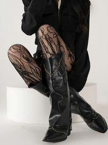 1pc Floral Fishnet Stockings, Y2K Baddie Aesthetic Black Mesh Tights, Pair With Thigh High Boots - Multicolor - View 1