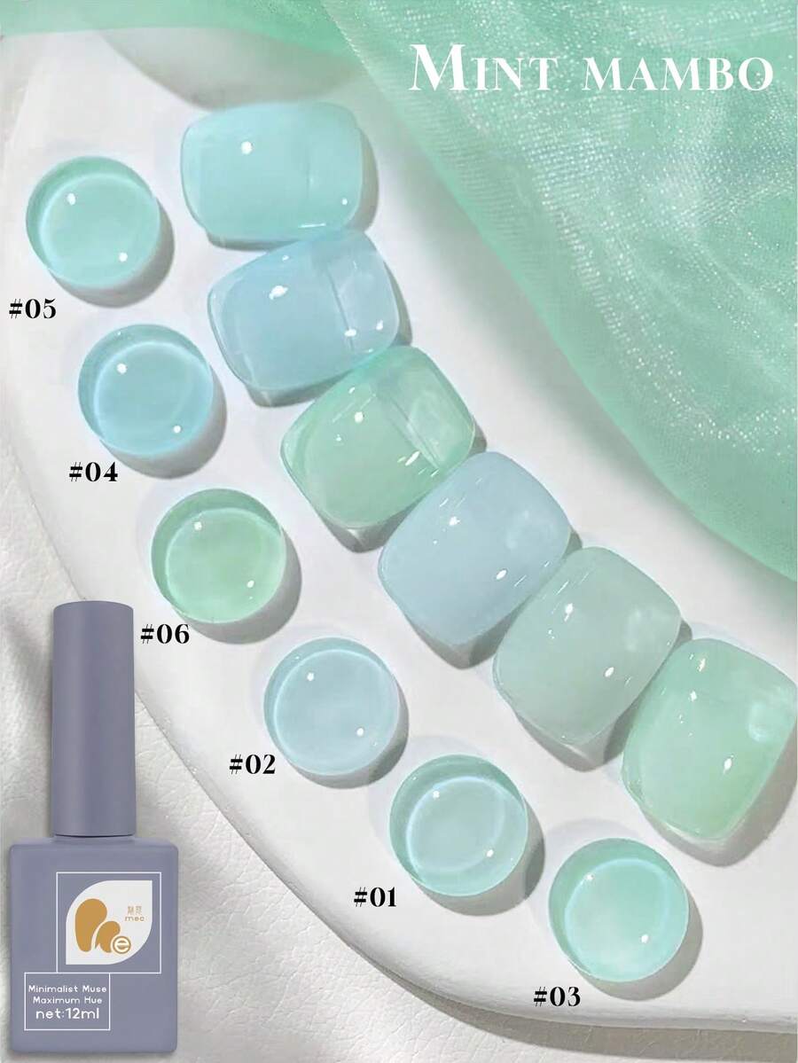 Mec 12ml Icy Jelly Sheer Gel Polish, 6 Shades Summer Fresh Translucent Nail Gel, Crystal Clear Mint Blue Green Finish, UV/LED Soak Off Chip Resistant Salon Quality For Japanese Style Summer Nail Art