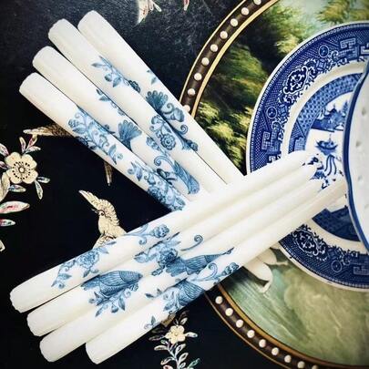 Blue And White Porcelain-Look Taper Candles 10 Inch – Set Of 2, Chinese Style Taper Candles With Lotus/Peony/Mandarin Duck Pattern, Smoke-Free & Unscented, Perfect For Home Decor, Weddings & Special Occasions