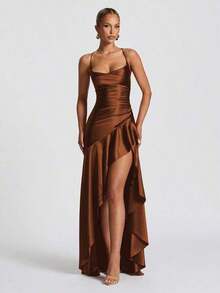 Women's Solid Color Spaghetti Strap Sexy Tie-Up Ruffle Hem Slit Dress - Brown - View 2
