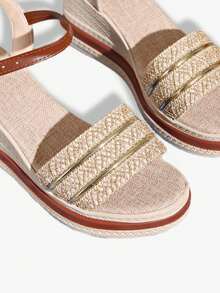 Women's Straw Platform Sandals - Gold Metal Strap Decor, Thick Sole Flattering Design, Summer Beach Vacation Shoes - Beige - View 7