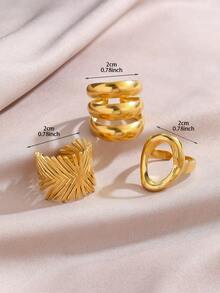 3件套不锈钢镀18K金简约厚几何椭圆形叠戴戒指套装，适合女士日常及派对佩戴 - 金色 - 查看 3