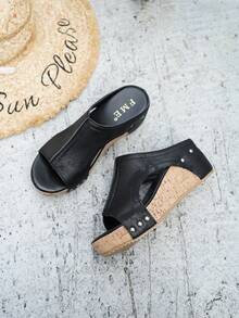 Popular Summer Outerwear, Daily Wear, Vacation Style, Street Fashion Heightening, Comfortable Slip-On, Versatile Casual Thick-Soled Women's Slippers - 黑色 - 查看 5
