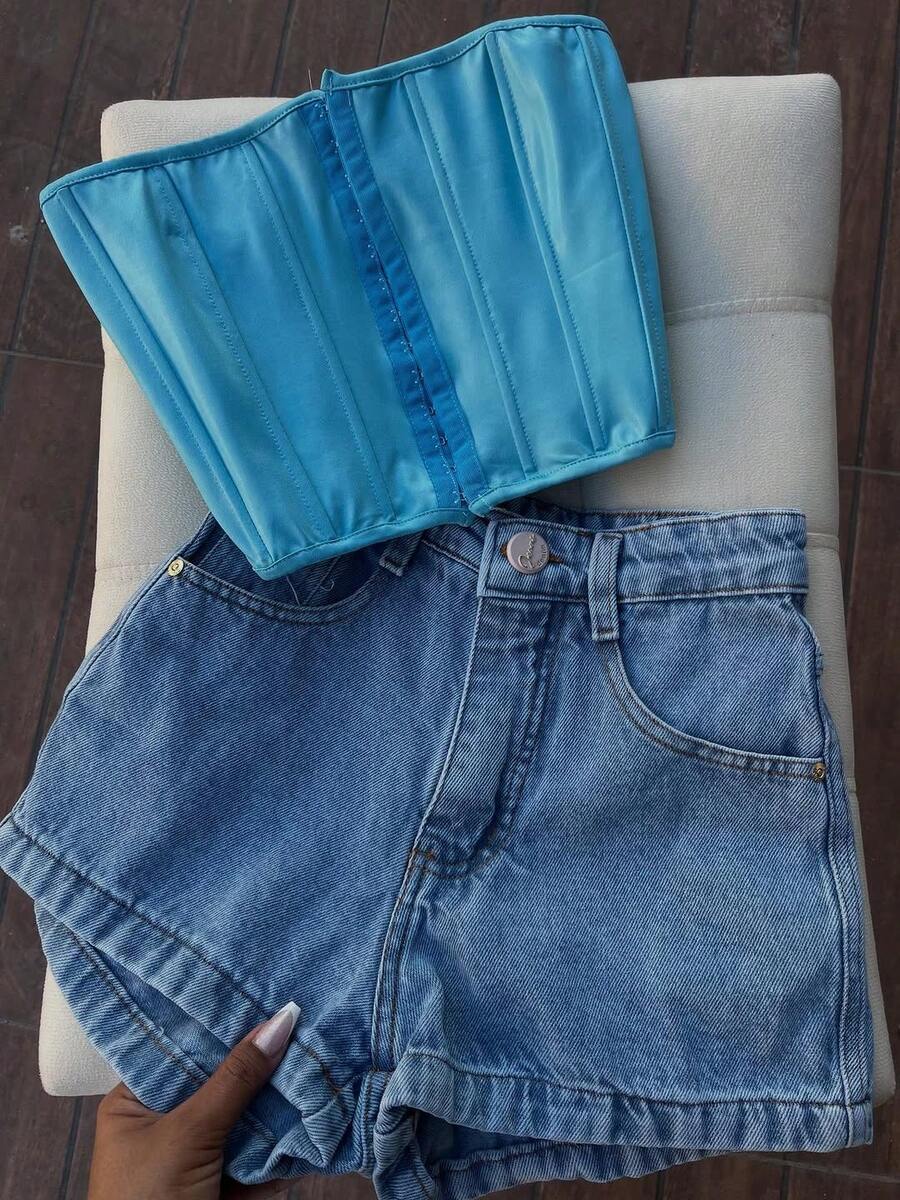 Short Jeans With Blue And Graphite Gray Hem - 藍色 - 查看 1