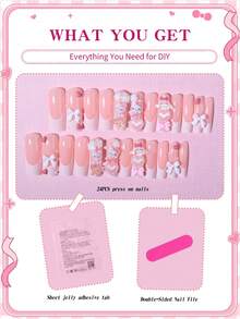 SANRIO 24片粉色法式长方形美甲贴纸，包含3D可爱装饰图案，如爱心、蝴蝶、花朵和珍珠，附赠1瓶胶水和1把指甲锉，适合女性日常生活和派对场合。 - 彩色 - 查看 7