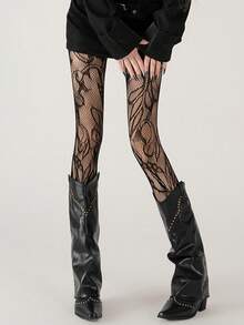 1pc Floral Fishnet Stockings, Y2K Baddie Aesthetic Black Mesh Tights, Pair With Thigh High Boots - Multicolor - View 14