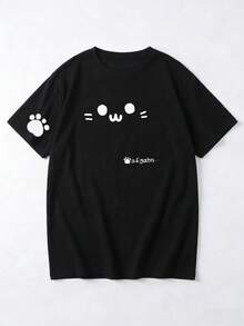 女士休闲宽松圆领卡通猫咪字母印花短袖T恤，夏季 - 黑色 - 查看 4