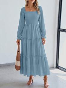 PRETTYGARDEN Women Elegant  Maxi Dresses For Fall Boho Long Sleeve Smocked A Line Ruffle  Wedding Guest Holiday Party Long Dress With Pockets New Years Valentine Vacation Spring Dresses For Women Vestidos Elegantes De Mujer - 灰藍 - 查看 3