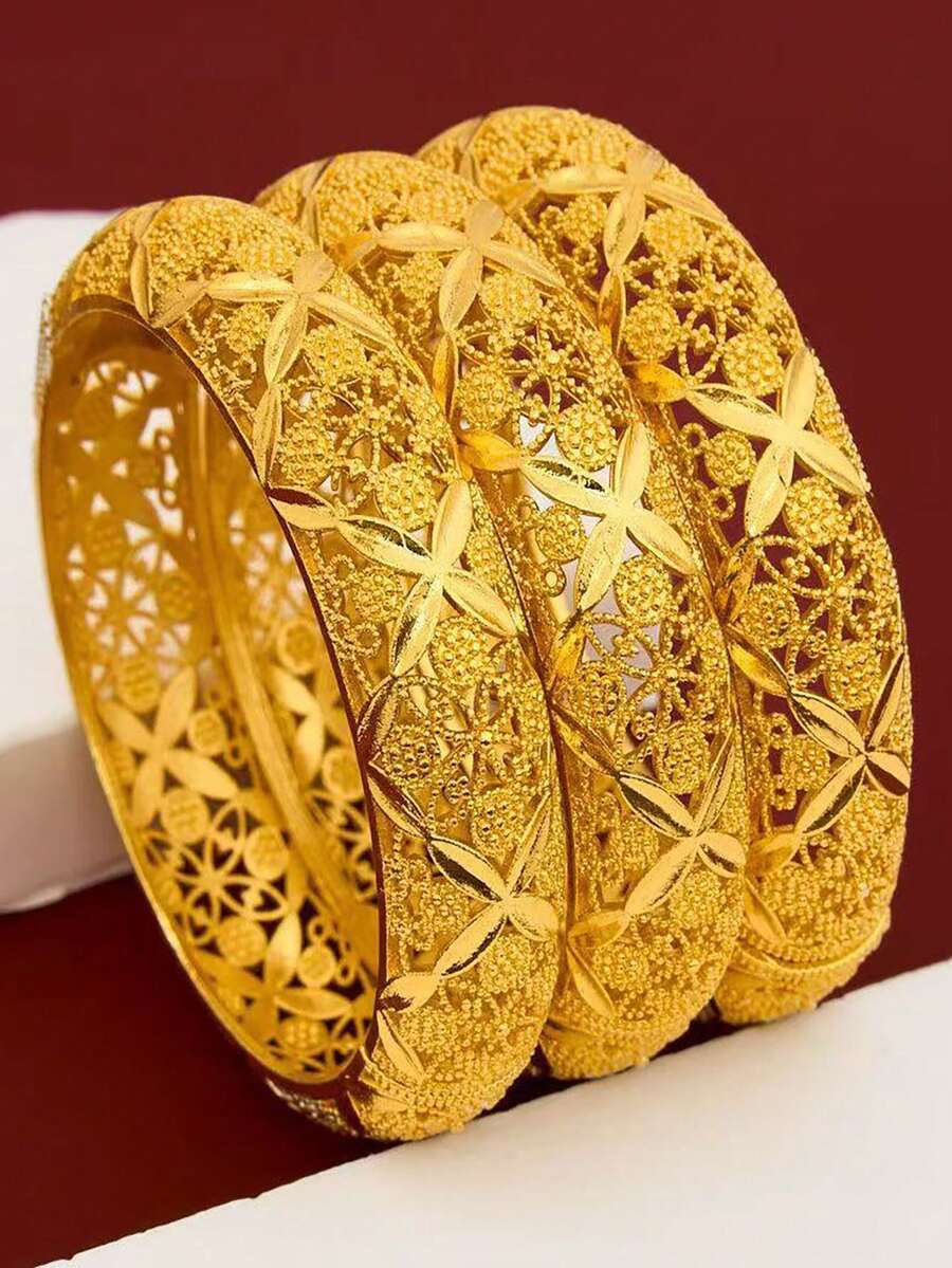 3pcs Middle Eastern Style Open Bangle Bracelets, Fashion Jewelry For Women, Luxury Bridal Accessories - Yellow Gold - View 1