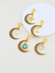 5pcs Moon, Star & Heart Shaped Hollow Pearl Inlaid Rhinestone Hair Clips, Fashionable Hair Accessories, Essential For Girls - Gold - View 6