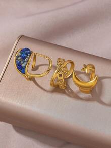 3pcs Set 18K Gold Plated Moon, Star, Cross & Geometric Open Rings, Suitable For Women's Daily Wear, Jewelry Gift - Gold - View 2