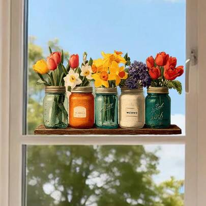 Watercolor Flower Pots & Multicolor Blooms Window Sticker- SelfAdhesion No Glue/Paste, Removable Form Window PVC Flower Potted With Blooming Botanicals, Glossy Irregular Glass Stickers Suitable For Home, Cafe, Shop