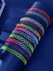 12 Pcs Y2k Colorful Hollow Elastic Tattoo Choker Necklaces Set Party Music Festival Jewelry - Multicolor - View 6