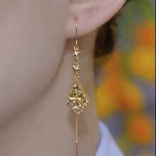 一对镶钻菱形长流苏耳环，新款独特设计，女士耳环，显瘦脸型 - 彩色 - 查看 4