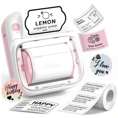 PRINHSJI Portable Mini Label Printer, Wireless Thermal Label Printer, Suitable For Home, Office, Food Labels, Clothing Labels, Jewelry Labels, Office Supplies Storag, Comes With 1 Roll Of 40*20mm White Label Paper