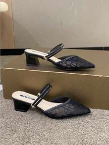 New Mesh Pointed Toe Chunky Heel Sandals Mules Two-Way Wear Pumps,Summer Shoes - Black - View 6