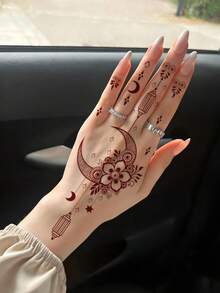 2pcs Reddish Brown Henna Waterproof Temporary Tattoo Stickers With Moon, Star, Floral, Chain Designs, Simple Hand Tattoos, Suitable For Makeup Events, Parties, Performances, Decorations, Dates, Weddings - Brown - View 3