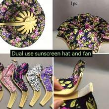 Sombrero de sol de mujer de estilo bohemio de doble uso. Sombrero de playa de ala ancha plegable, con un ventilador de refrigeración integrado, patrones florales vintage y colores pastel (rosa/morado). Estructura de plástico ligera. Ideal para viajes de verano al aire libre, piscinas, vacaciones - Protección solar portátil. - Multicolor - Ver 6