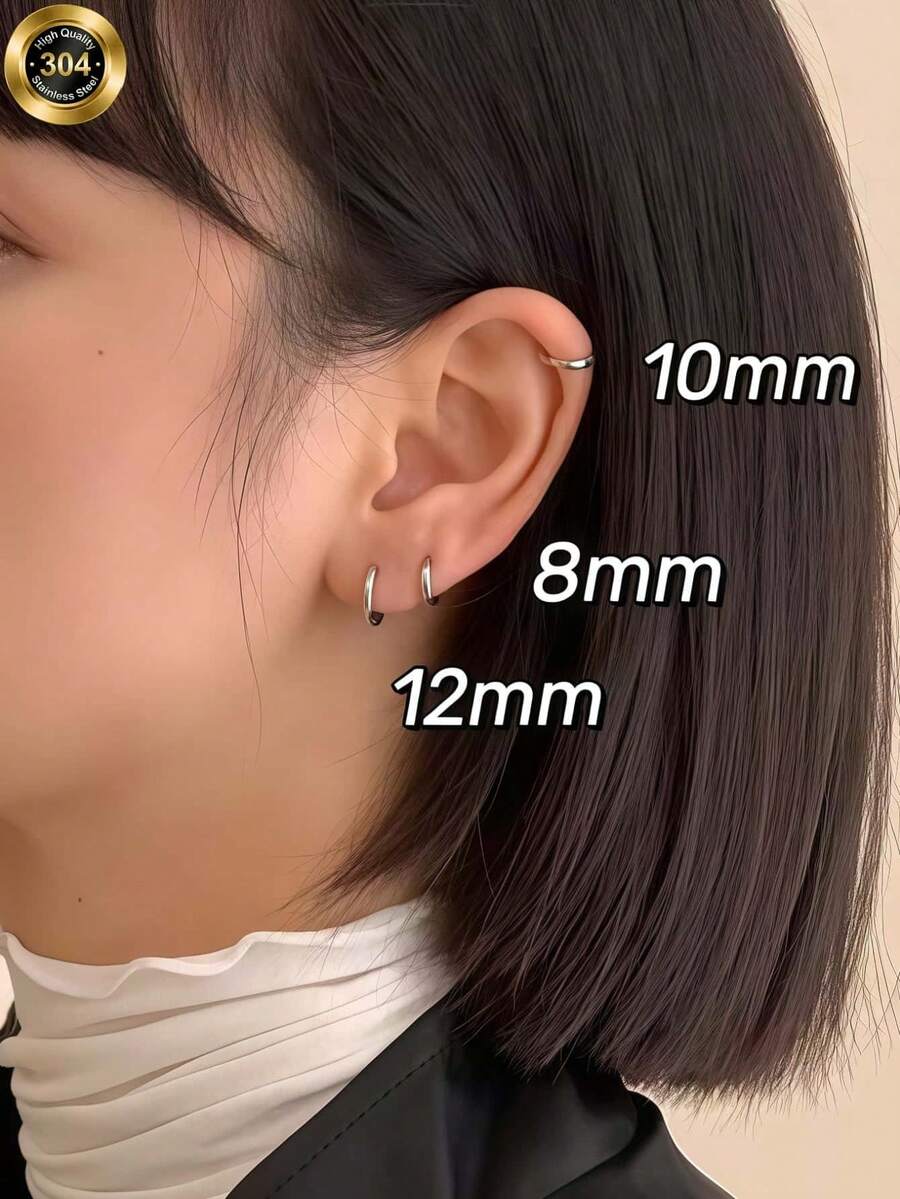 6件組純不鏽鋼圓形耳環套組,男女皆宜,可疊戴,18K金迷你耳釘 - 查看 1
