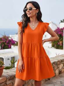 Vestido sexy casual de verano con olanes corto - Naranja - Ver 5