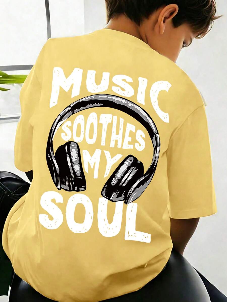 青少年男孩简约可爱音乐艺术家图案圆领短袖T恤,新款夏季童装上衣 - 黃色 - 查看 1