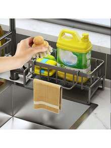 1 pieza Organizador de fregadero de cocina con barra para toallas, soporte para esponjas y escurridor de platos ahorradores de espacio, almacenamiento de detergente y paño de cocina para encimera - Estante - Ver 7