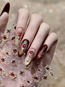 1 Peça Adesivos de Unha Cetro Barroco Vintage Vermelho/Verde, Decalques de Unha com Colar de Coroa de Pedras Preciosas Luxuoso, Adesivo de Manicure Elegante Autoadesivo - Multicolorido - Visão 5