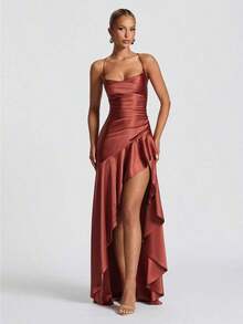 Women's Solid Color Spaghetti Strap Sexy Tie-Up Ruffle Hem Slit Dress - Rỉ Nâu - Xem 2