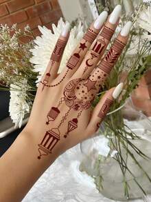 2pcs Reddish Brown Henna Waterproof Temporary Tattoo Stickers With Moon, Star, Floral, Chain Designs, Simple Hand Tattoos, Suitable For Makeup Events, Parties, Performances, Decorations, Dates, Weddings - Brown - View 2