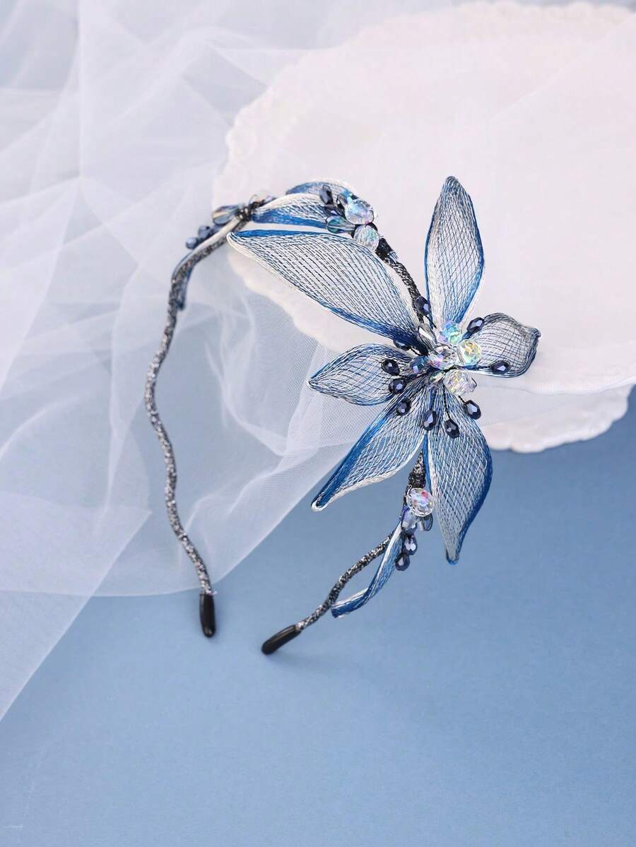 1pc Women's Handmade Blue Flower Crystal Headband, Ombre Color, Daily & Formal Dress Accessory,Summer,Beach,Wedding - 淺藍色 - 查看 1