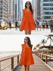 Vestido sexy casual de verano con olanes corto - Naranja - Ver 9