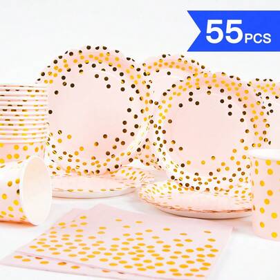 Pink & Gold Polka Dot Petal Shaped Disposable Plates, Napkins, Cups - One-Time Party Supplies Set For 10 Guests, Suitable For Birthday, Wedding, Theme Party, Family Picnic