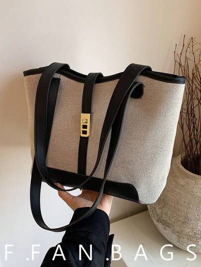 Contrast Color Trim One Shoulder Handbag, Casual Dual Handles, Suitable For Graduates, Teenage Girls, College Freshmen, Sophomores, Juniors, Seniors, High School Students, University Students, Postgraduates, Also Suitable For Outdoor, Travel And Back To School. Large Capacity, Portable, Foldable, Suitable For Teenage Girls, Women, College Students, Middle School Students, High School Students. Fashionable Zipper Handbag.