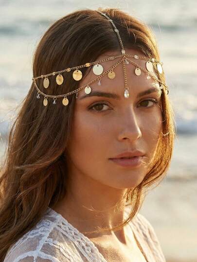 1件极简金色亮片流苏女士发饰链，轻盈立方氧化锆流苏女士沙滩度假珠宝头链，闪亮发饰