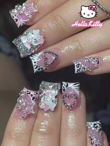 SANRIO 24片短方形3D凝胶闪粉美甲贴片，奶牛纹和豹纹法式美甲贴片，带有可爱的3D水钻、钻石爱心、星星和蝴蝶结设计，完美适配亚克力假指甲套装，包含1瓶果冻胶和1把指甲锉，适合女性、女孩日常、派对和聚会使用。 - 彩色 - 查看 8