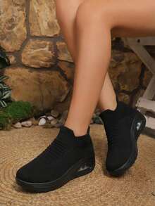 Women's All Black Casual Sneakers, Cushioned Slip-On Knit Sock Shoes, Comfortable Dancewear - Black - View 1