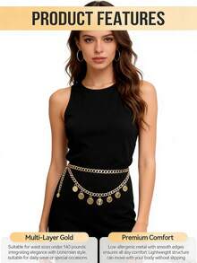 1pc Women's Waist Belt/Brown Belt/Waist Chain/Gold Waist Belt/Pearl Waist Belt, Geometric Retro Western Style Body Chain With Tassel, Suitable For Summer Casual Dress Matching - Portrait Style - View 5