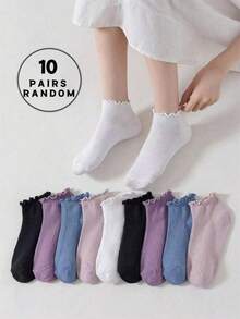 1 Pair/10 Pairs Random Purple Ruffle Edge Minimalist Versatile Breathable Non-Slip Fashion Women Short Socks, Spring/Summer - Multicolor - View 6