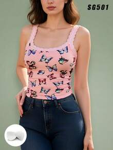 Versatile U-Neck Pink Sexy Lace Patchwork Camisole, Fitted Breathable Outer/Inner Wear Racerback Casual Tank Top With Chest Pads - Pink - View 2