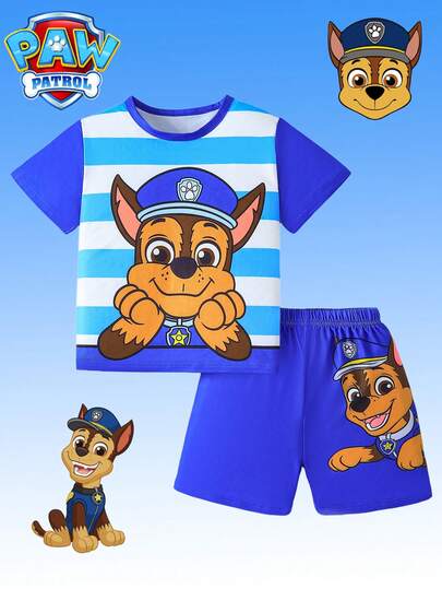 Paw Patrol 2pcs  Boys' Outfit, Includes Blue Cartoon Puppy Print Short Sleeve T-Shirt And Shorts, Comfortable Casual Sleepwear/Loungewear For Boys, Suitable For Daily, Holiday, Gift