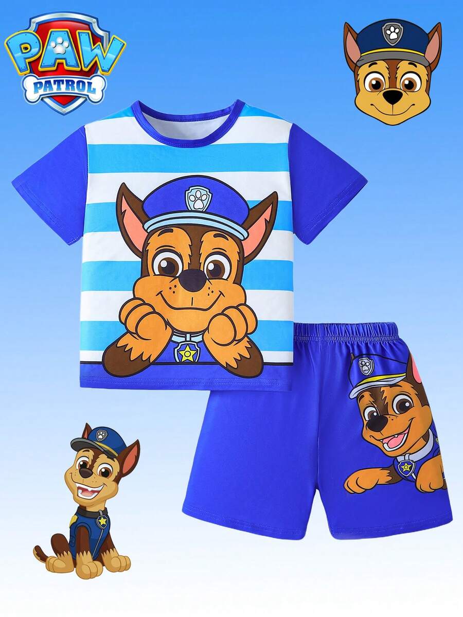 Paw Patrol 2 piezas Conjunto de  para niños, incluye camiseta de manga corta con estampado de cachorros de dibujos animados azul y pantalones cortos, ropa de dormir/estar en casa cómoda y casual para niños, adecuada para uso diario, vacaciones, regalo - Azul - Ver 1