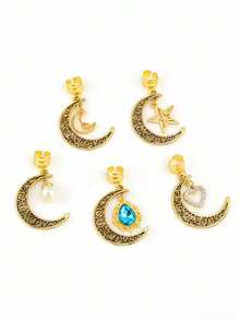 5pcs Moon, Star & Heart Shaped Hollow Pearl Inlaid Rhinestone Hair Clips, Fashionable Hair Accessories - Gold - View 5
