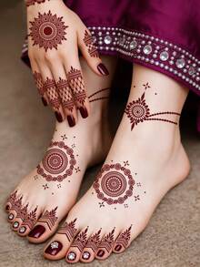 4片装红棕色指甲花曼陀罗花蕾丝图案性感人体彩绘防水临时纹身贴纸，适用于手部、手臂、背部，可用于节日、派对、日常佩戴 - 紅色 - 查看 6