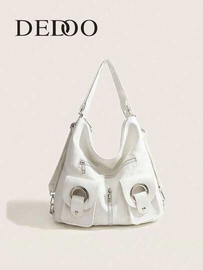 Dedoo 2025 New Women's Solid Color Large Capacity Niche Fashion Minimalist Large Capacity Motorcycle Bag, Korean Style Student Travel Backpack, Versatile Use (Shoulder Bag)