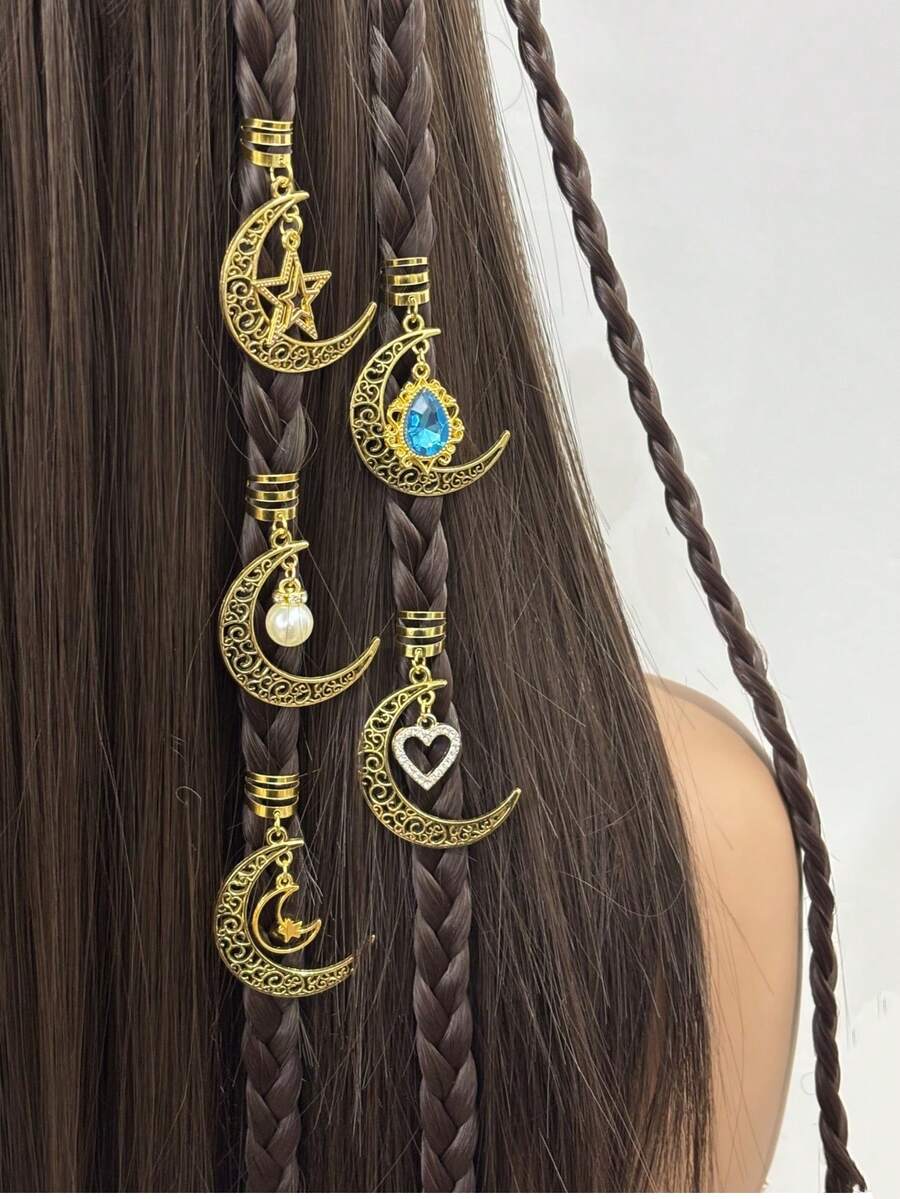 5pcs Moon, Star & Heart Shaped Hollow Pearl Inlaid Rhinestone Hair Clips, Fashionable Hair Accessories, Essential For Girls - Gold - View 1