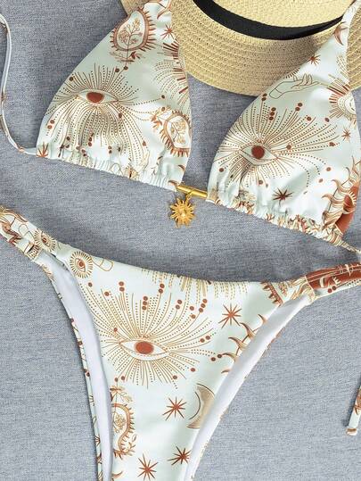 Women White Brown Celestial Sun Moon Star Print Bikini Set Triangle Halter Sliding Cup Wide Strap Bikini Top Sun Pendant Detail Adjustable Bottom Low Rise High Cut Sexy Summer Beach Vacation Bikini