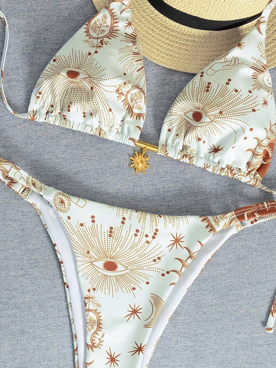 Women White Brown Celestial Sun Moon Star Print Bikini Set Triangle Halter Sliding Cup Wide Strap Bikini Top Sun Pendant Detail Adjustable Bottom Low Rise High Cut Sexy Summer Beach Vacation Bikini - White - View 1