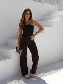 SAINT ELIAN Calça Cargo Wide Leg Pantalona Cintura Alta Tecido Grosso Linha Premium - CAFÉ - Visão 4
